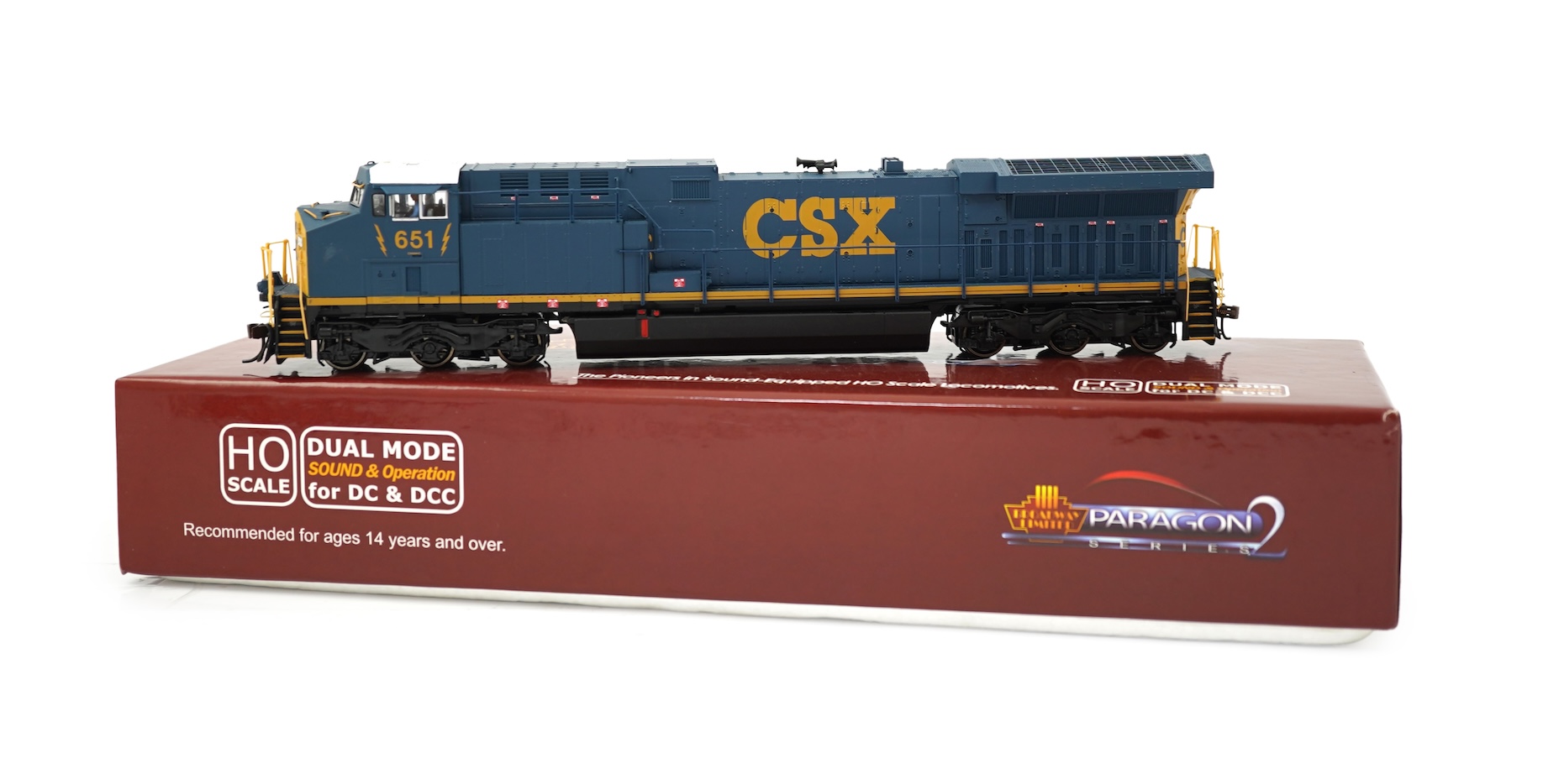 A boxed HO gauge Broadway Limited Paragon 2 Series (2128) model of CSX GE AC6000, 651, Co-Co diesel locomotive, powered for two rail operation.